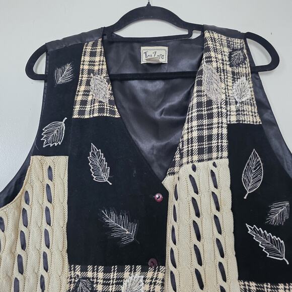 Vintage Patchwork Cable Knit Vest Womens 2X Boho Cottagecore Embroidered Leaves - Picture 4 of 8